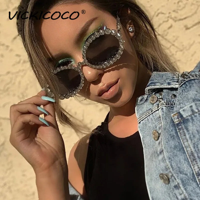 Oval Frame Crystal Sunglasses Black All Rhinestone Glasses Frame Chic Sexy Punk Clear Glasses