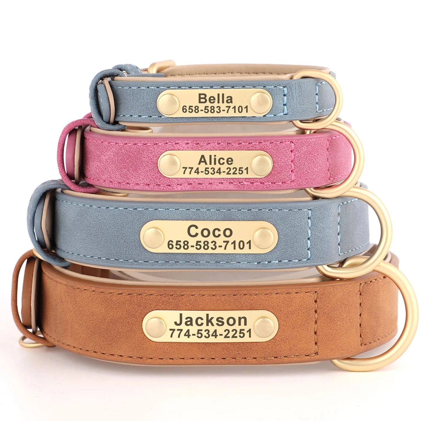 New Soft Padded Personalized PU Leather Dog Collar with Free Engraved ID Tag for Small, Medium and Large Dogs
