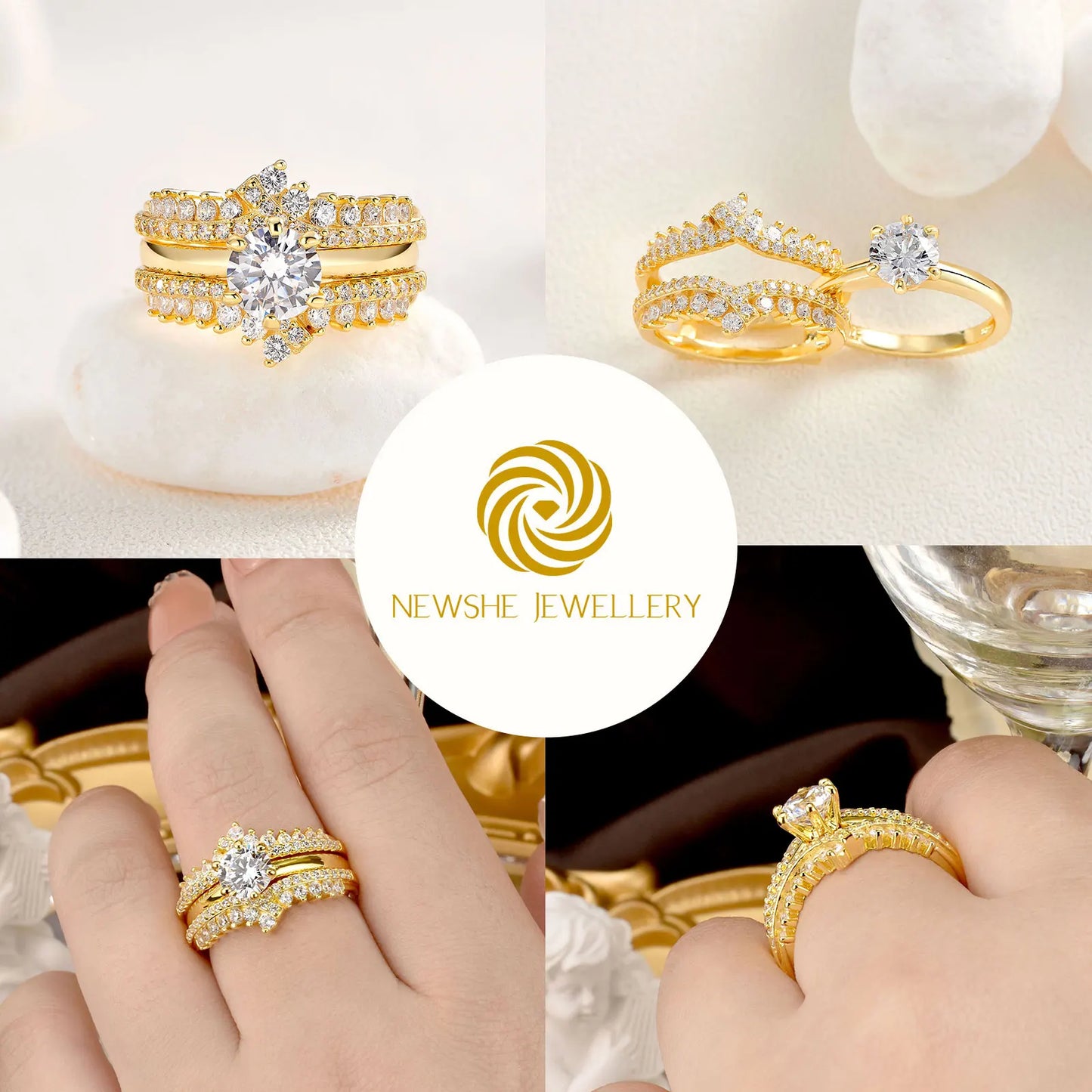 Newshe Yellow Rose Gold 925 Sterling Silver Solitaire Engagement Ring for Women Enhancer Wedding Band Set AAAAA Zircon Jewelry