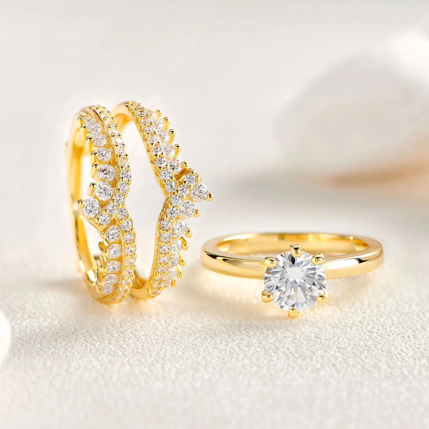 Newshe Yellow Rose Gold 925 Sterling Silver Solitaire Engagement Ring for Women Enhancer Wedding Band Set AAAAA Zircon Jewelry