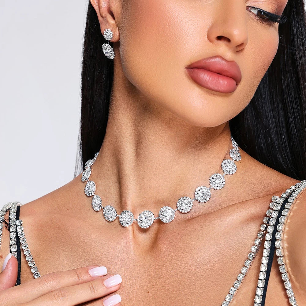 Luxury Crystal Round Jewelry Set Queen Show Accessories Fashion Lady Wedding Necklace Earrings Set for Women