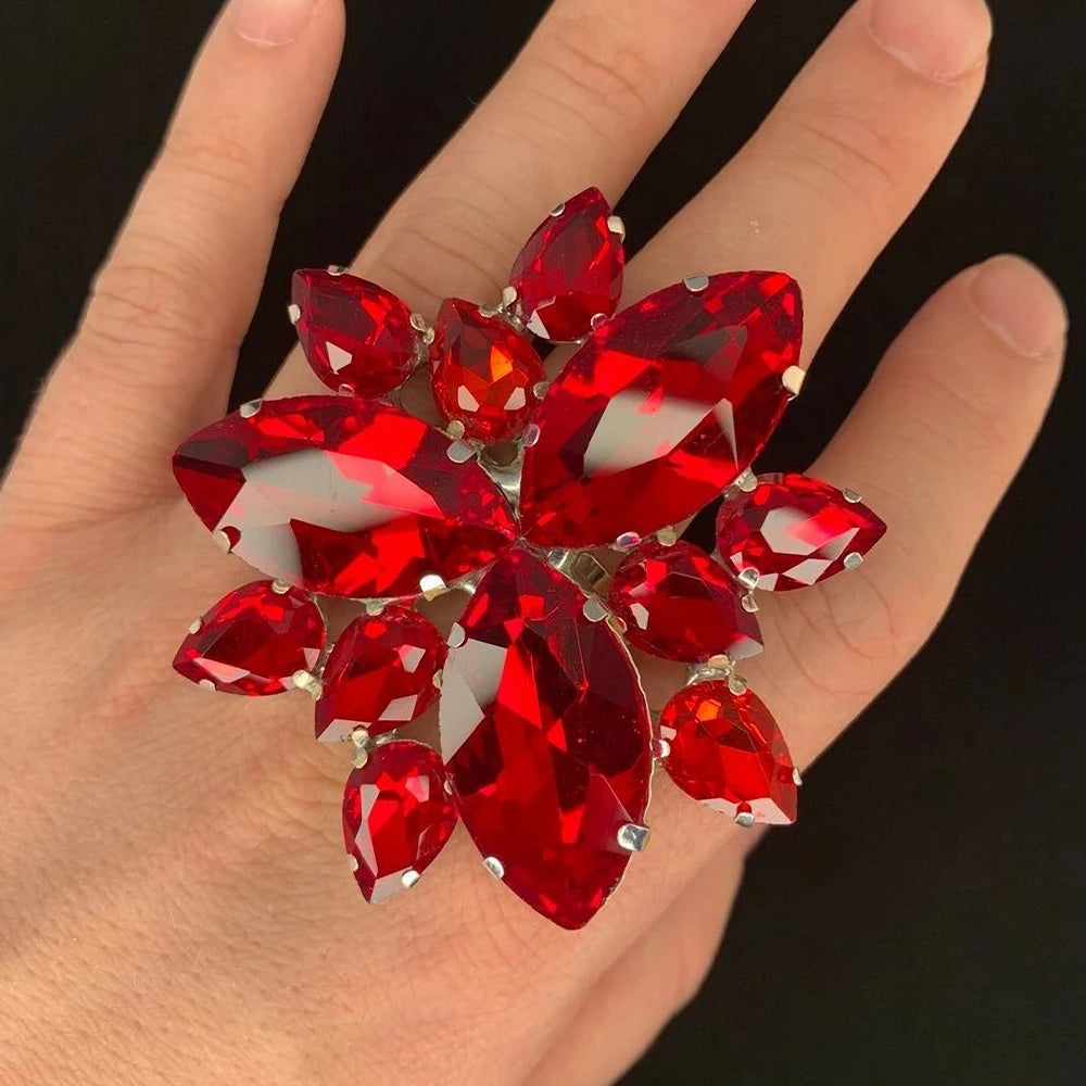 Exaggerate Rhinestone Drop Rings for Women Accessories Cocktail Club Crystal Ring Adjustable Jewelry