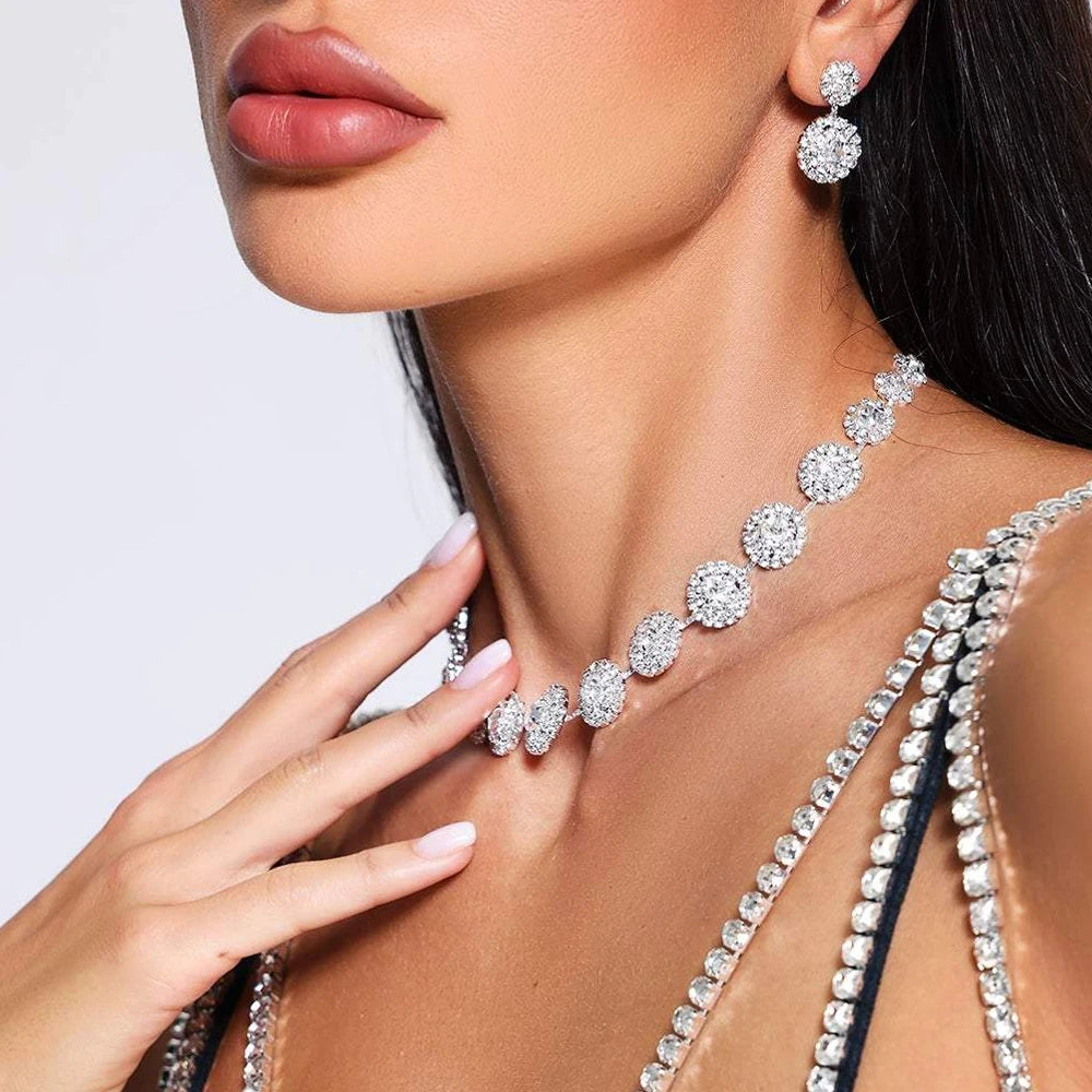 Luxury Crystal Round Jewelry Set Queen Show Accessories Fashion Lady Wedding Necklace Earrings Set for Women