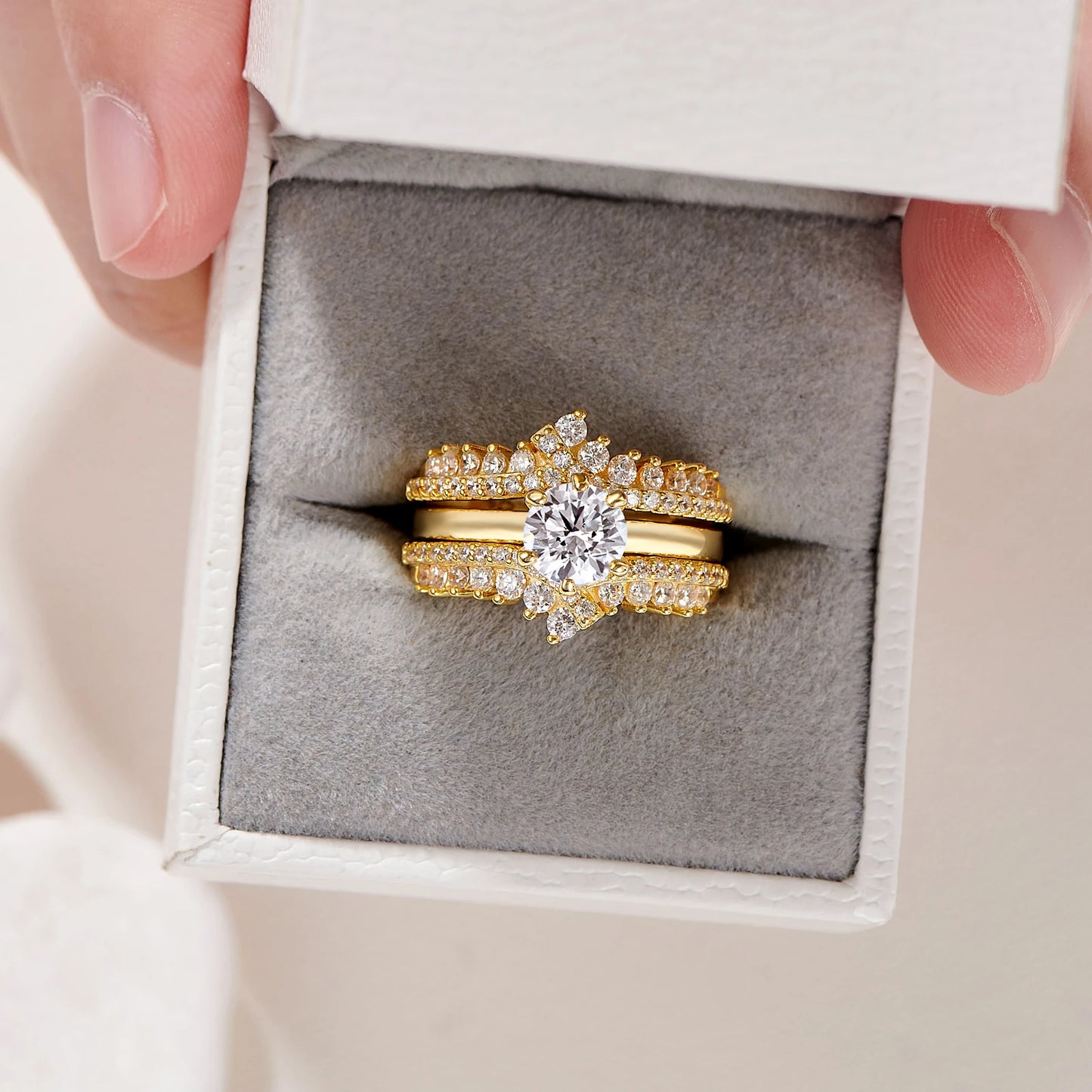 Newshe Yellow Rose Gold 925 Sterling Silver Solitaire Engagement Ring for Women Enhancer Wedding Band Set AAAAA Zircon Jewelry