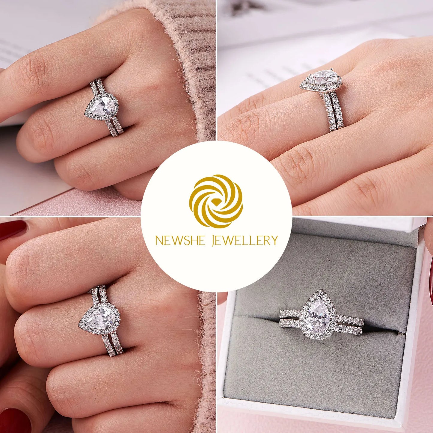 2 Pieces Tear Drop Shape Engagement Ring Wedding Band for Women 925 Silver Bridal Jewelry High Grade Cubic Zircons