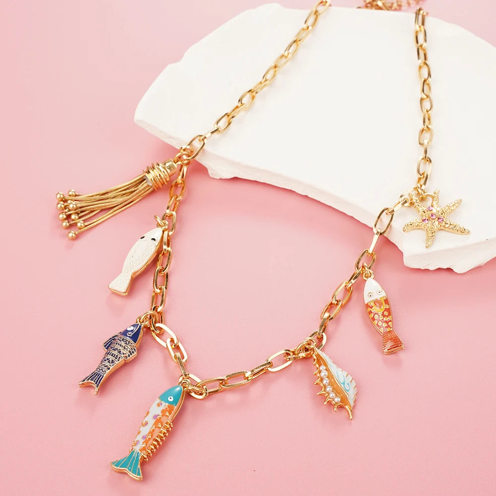 Marine Fish Fashion Choker Necklace Layer Girls Women Ladies Boho Pink Pendant Love Jewelry Geometric Mermaid Accessories