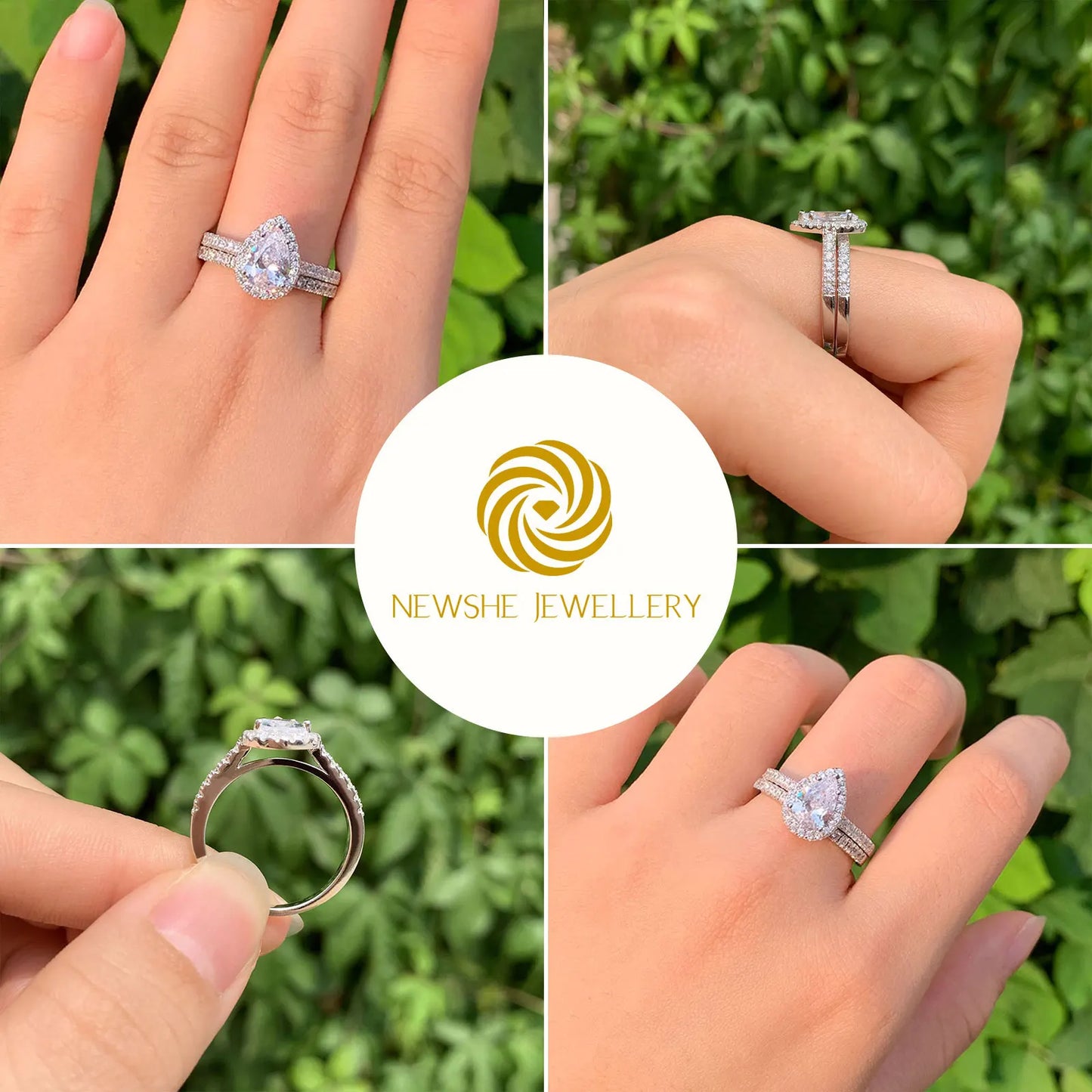2 Pieces Tear Drop Shape Engagement Ring Wedding Band for Women 925 Silver Bridal Jewelry High Grade Cubic Zircons