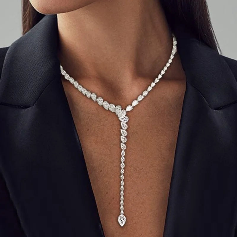 Water Drop Zircon Necklace Luxury Choker Jewelry for Women Statement Y Lariat Necklace Charm Collar Accessories Gift