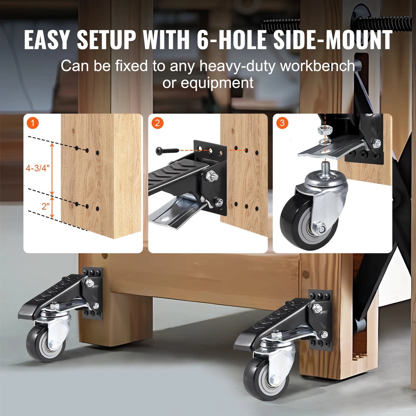 VEVOR 165 lbs 2.5" Set of 4 Workbench Caster Wheels Side Mounted Retractable Stepdown Wheel 360° Swivel for Tables and Equipment