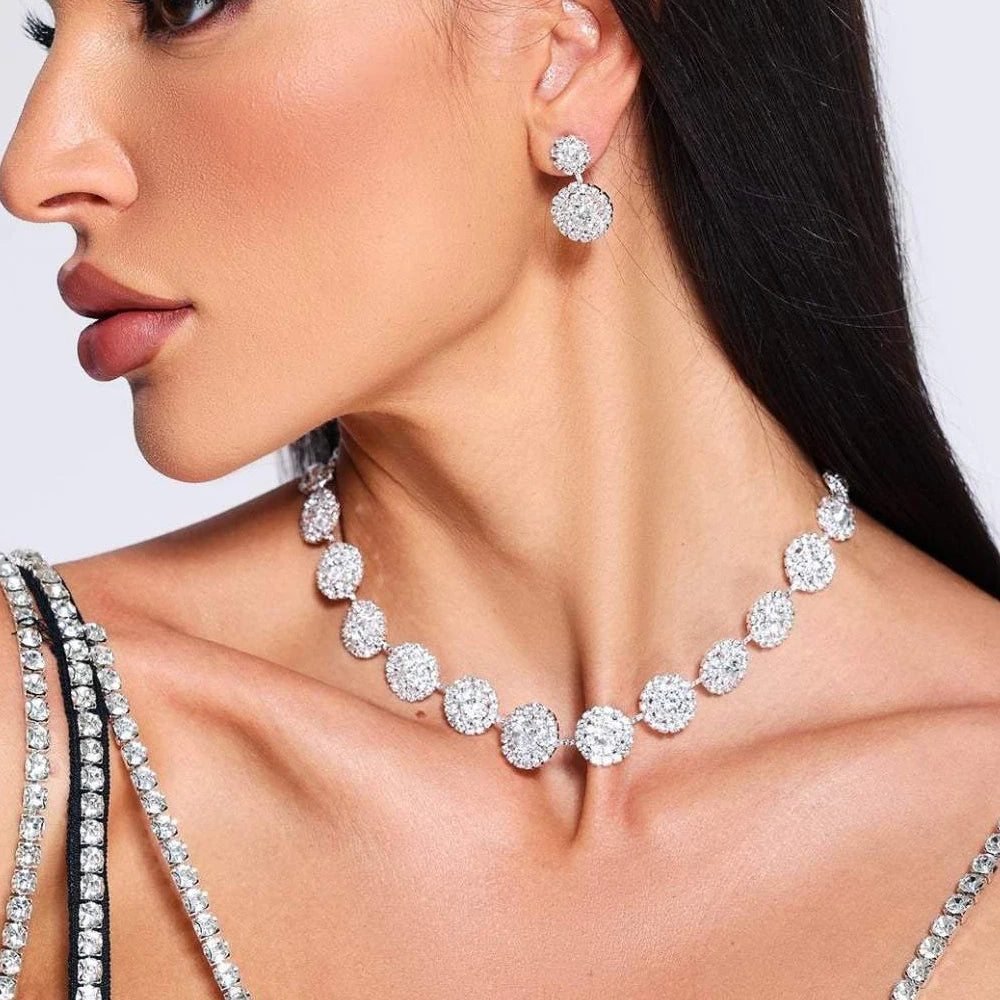 Luxury Crystal Round Jewelry Set Queen Show Accessories Fashion Lady Wedding Necklace Earrings Set for Women