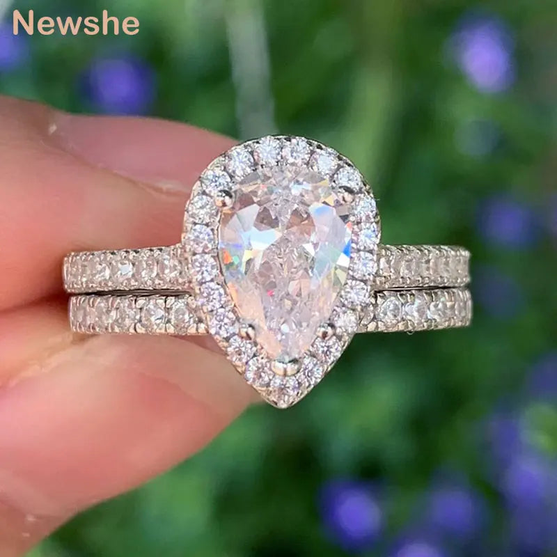 2 Pieces Tear Drop Shape Engagement Ring Wedding Band for Women 925 Silver Bridal Jewelry High Grade Cubic Zircons