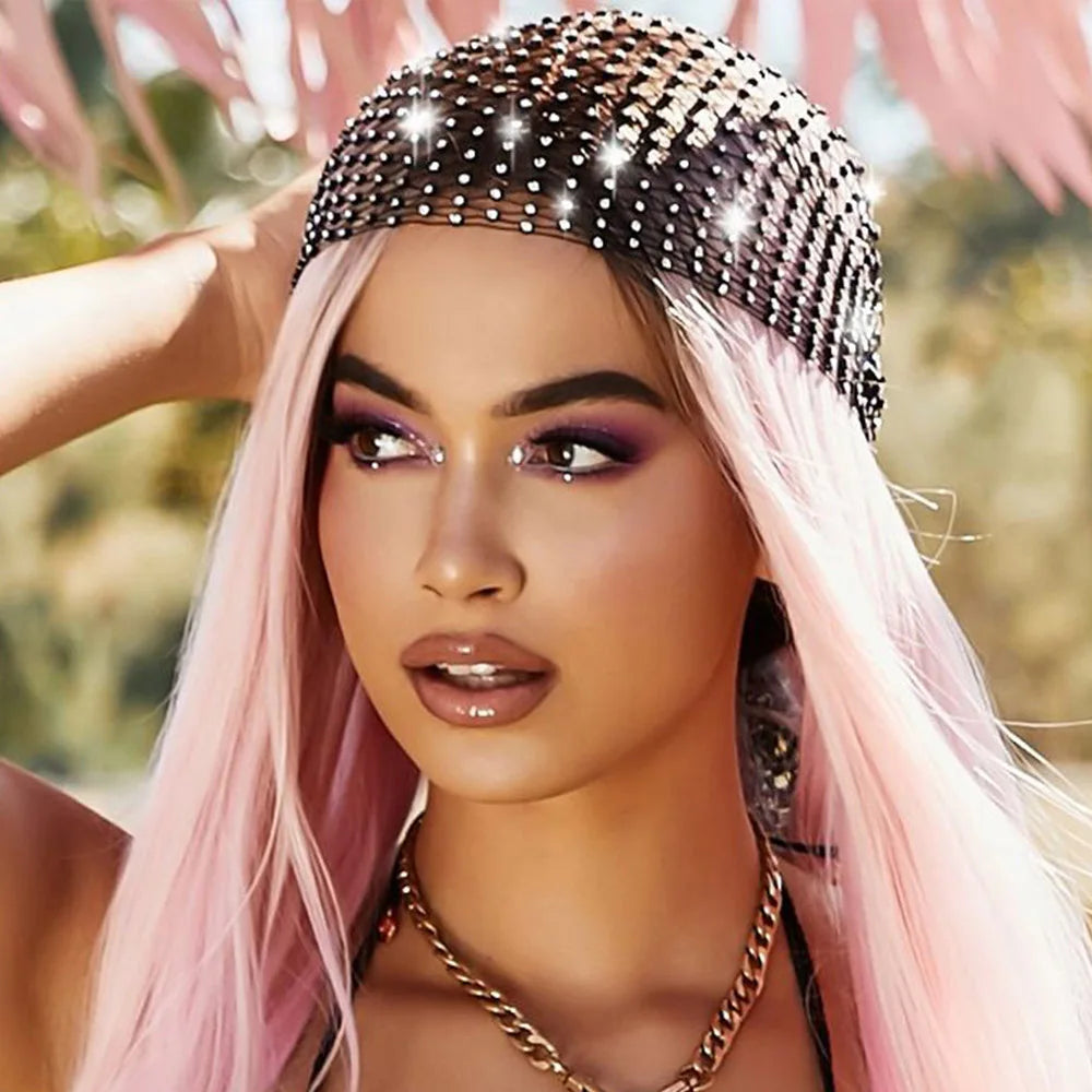 Luxury Rhinestone Head Scarf Hair Accessories for Women Hollow Mesh Crystal Head Cap Headband