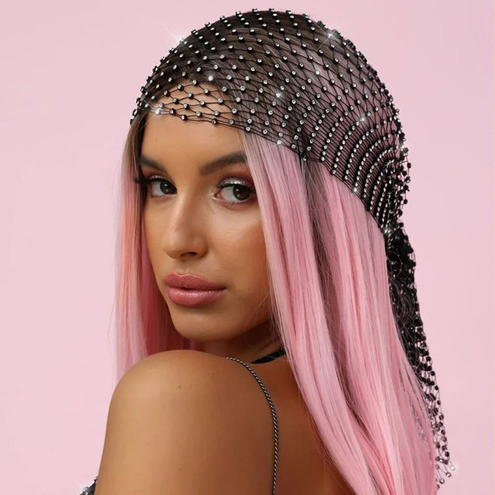 Luxury Rhinestone Head Scarf Hair Accessories for Women Hollow Mesh Crystal Head Cap Headband