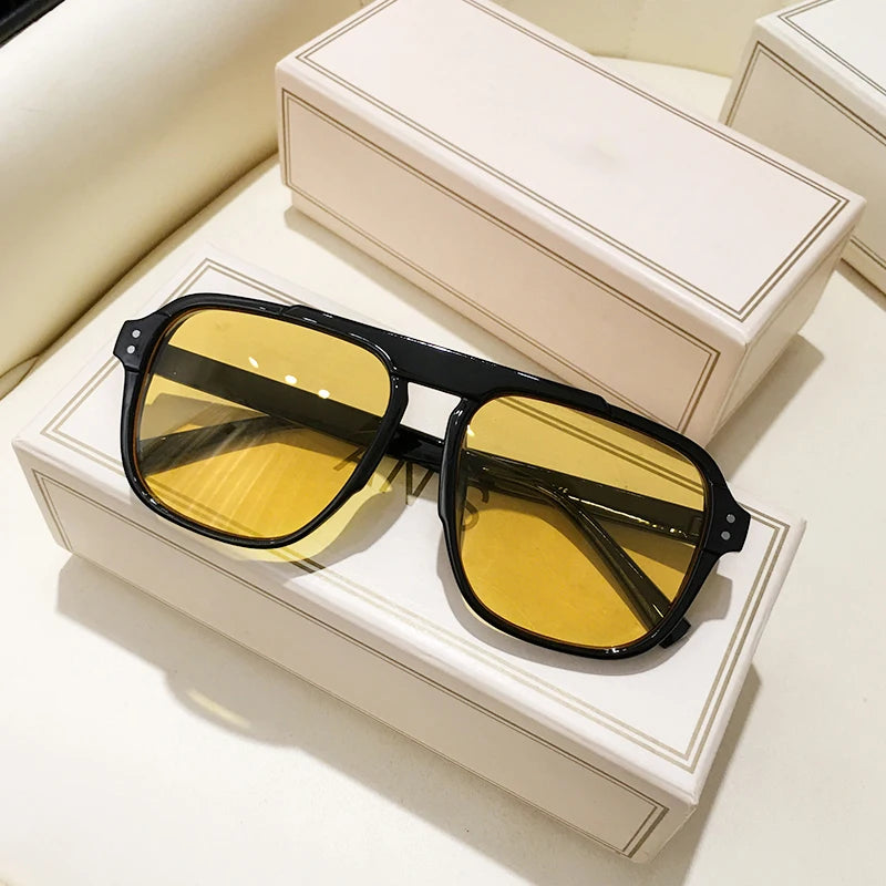 Fashion Oversized Yellow Square Sunglasses Women Design Rivets Decor Acrylic Rectangle Sun Glasses Shades Eyewear