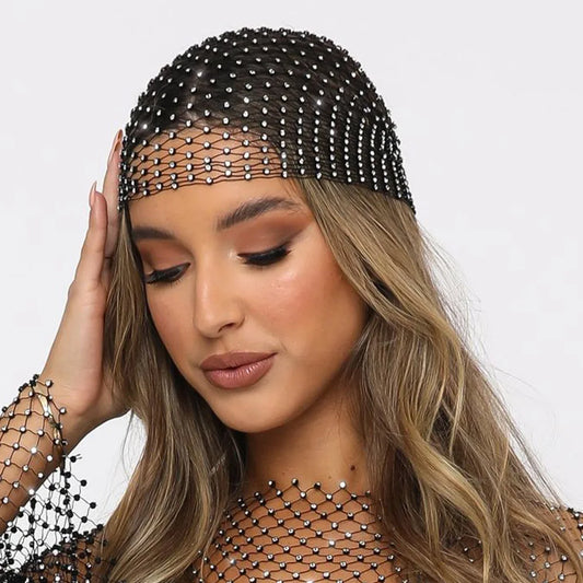Luxury Rhinestone Head Scarf Hair Accessories for Women Hollow Mesh Crystal Head Cap Headband