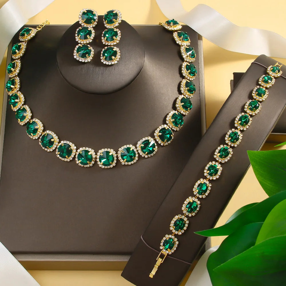 Exquisite Green Crystal Jewelry Set Necklace Earrings Bracelet Bridal 3pcs Jewelry Sets Wedding Accessories