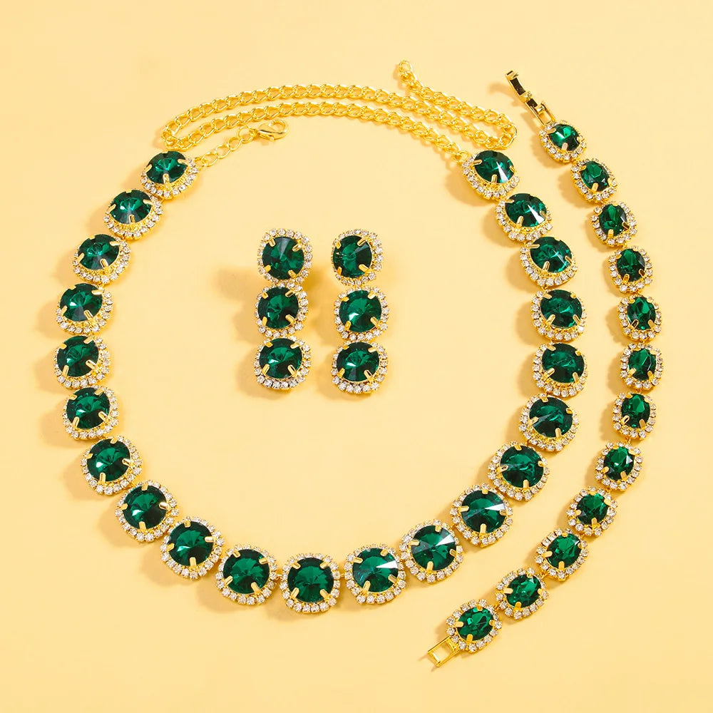 Exquisite Green Crystal Jewelry Set Necklace Earrings Bracelet Bridal 3pcs Jewelry Sets Wedding Accessories