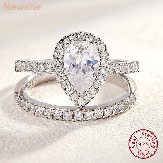 2 Pieces Tear Drop Shape Engagement Ring Wedding Band for Women 925 Silver Bridal Jewelry High Grade Cubic Zircons