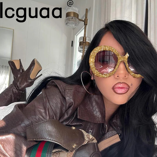 Rhinestone Sunglasses Designer Oversized Round Sunglasses