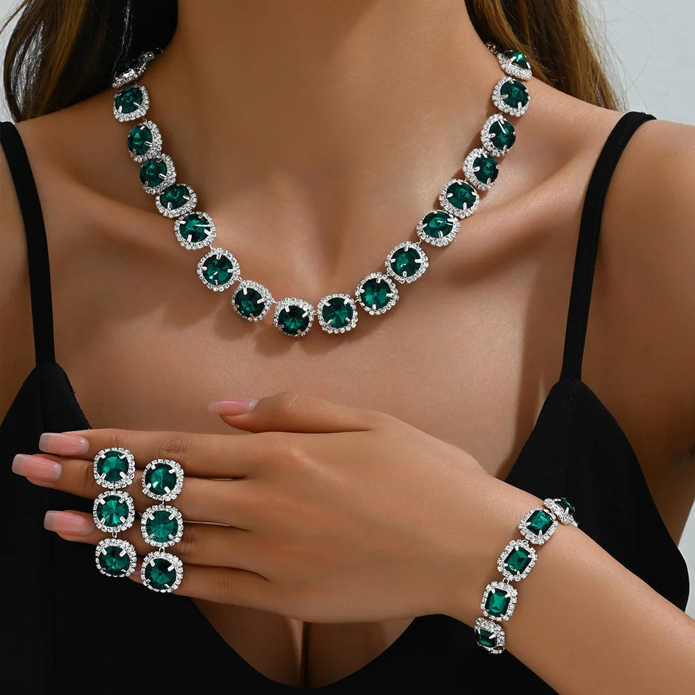 Exquisite Green Crystal Jewelry Set Necklace Earrings Bracelet Bridal 3pcs Jewelry Sets Wedding Accessories