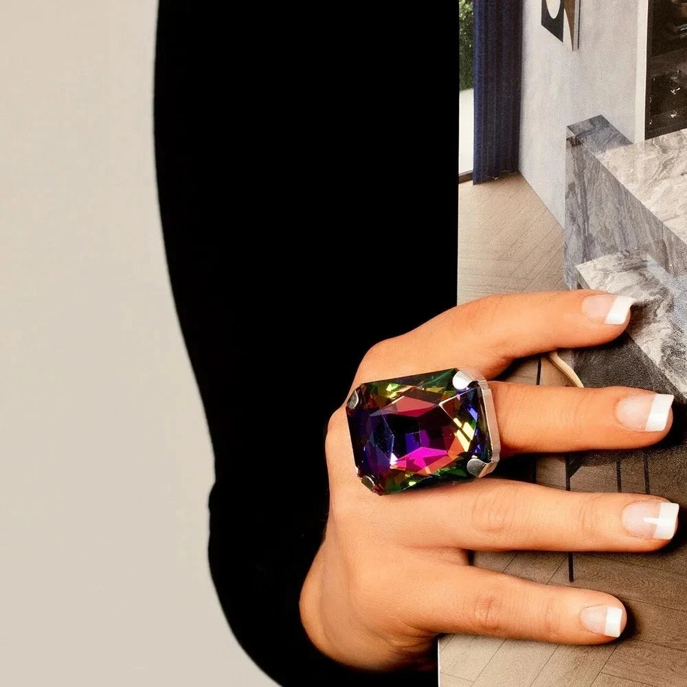 Vintage Exaggerated Yellow Square Ring Custom for Girls Adjustable Crystal Accessories Geometric Ring Elegant Luxury