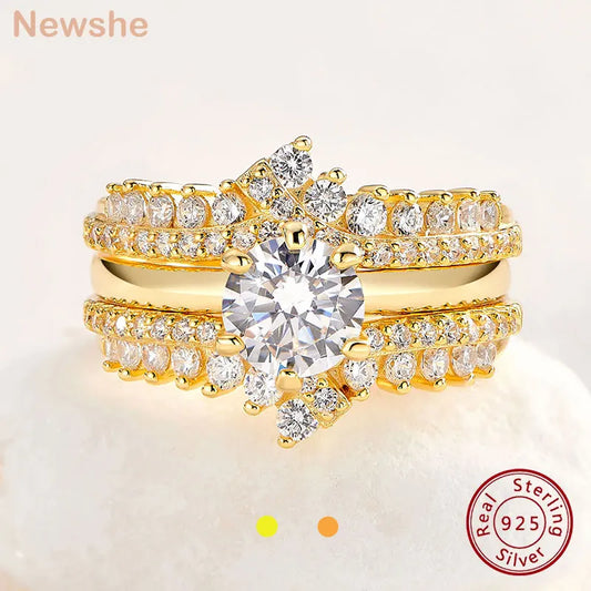 Newshe Yellow Rose Gold 925 Sterling Silver Solitaire Engagement Ring for Women Enhancer Wedding Band Set AAAAA Zircon Jewelry