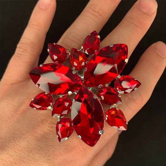 Exaggerate Rhinestone Drop Rings for Women Accessories Cocktail Club Crystal Ring Adjustable Jewelry