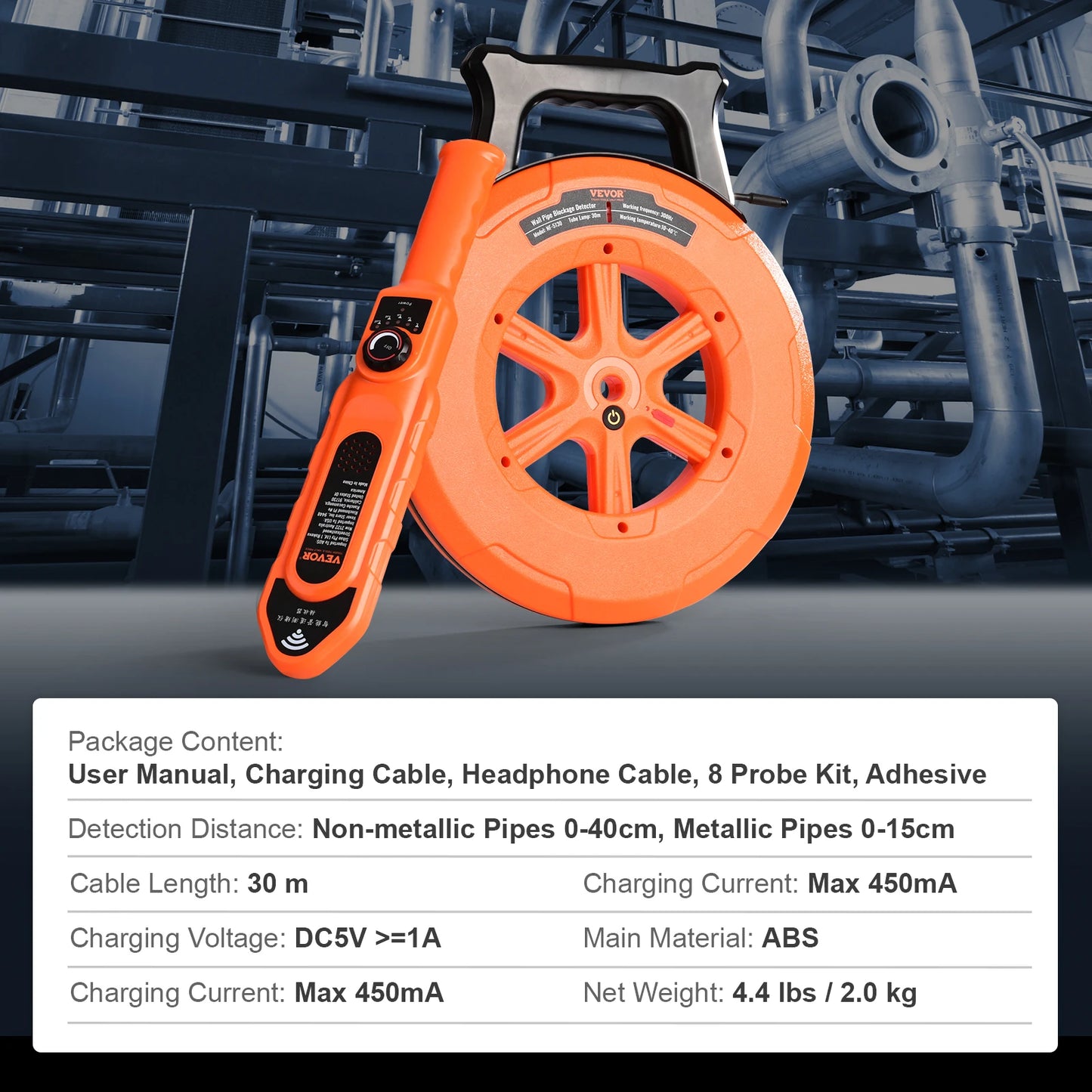 VEVOR Pipe Locators 30m Underground P67 Waterproof Pipe Blockage Detector Sewer Wall Scanner Plumbing Tool for PVC Plastic Metal