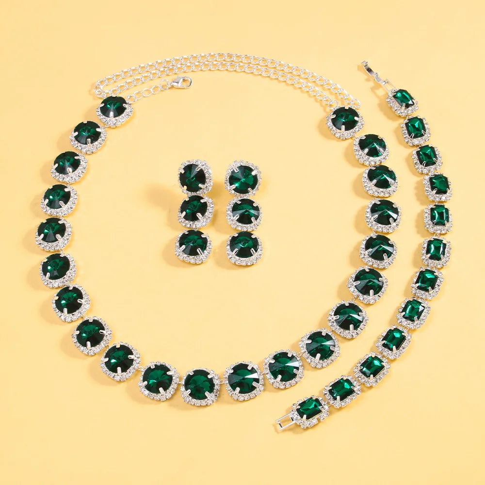 Exquisite Green Crystal Jewelry Set Necklace Earrings Bracelet Bridal 3pcs Jewelry Sets Wedding Accessories
