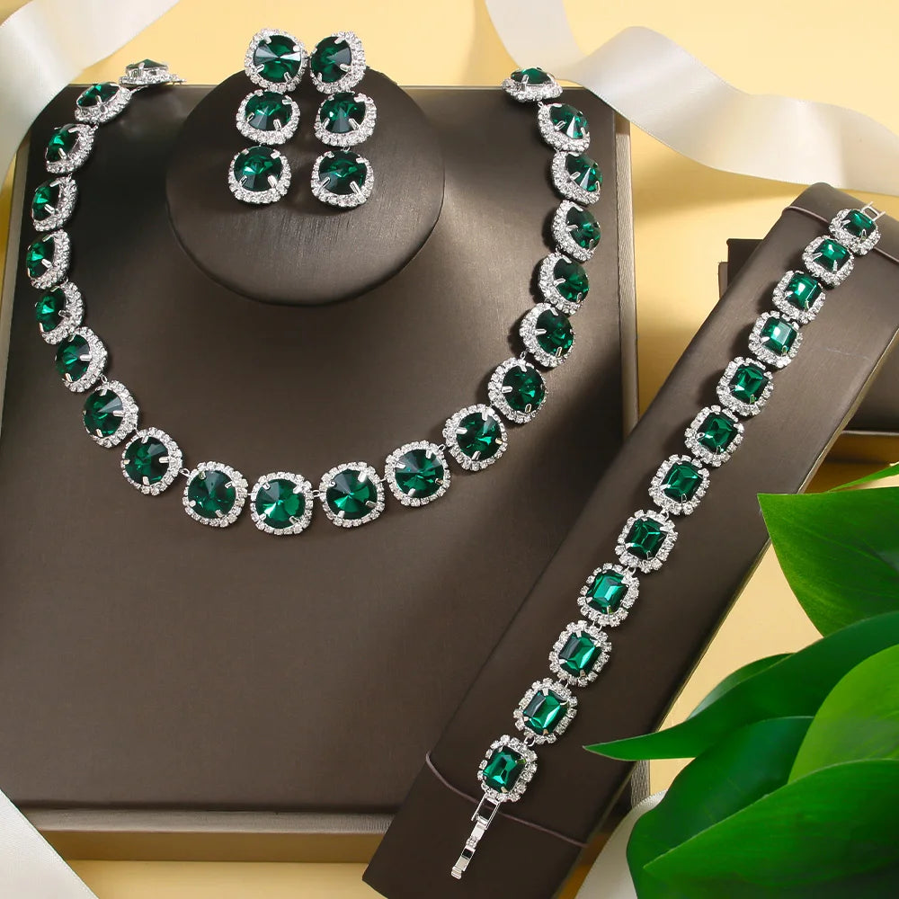 Exquisite Green Crystal Jewelry Set Necklace Earrings Bracelet Bridal 3pcs Jewelry Sets Wedding Accessories