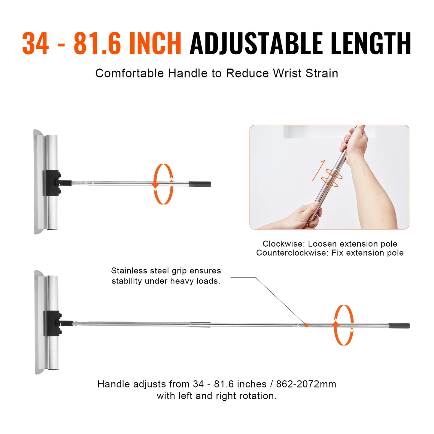 VEVOR Drywall Skimming Blade Set 10/16/24/32/40 inch Skimming Blades + 34-81.6 in Extension Handle Pole Stainless Steel Knife